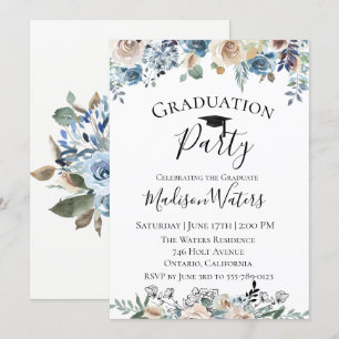 Dusty Blue Floral Graduation Party Invitation