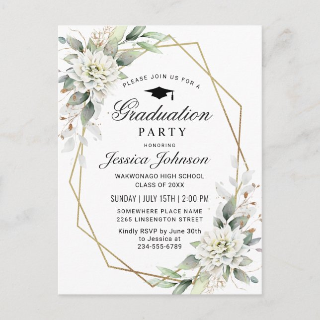 Dusty Blue Floral Graduation Party Invitation Postcard (Front)