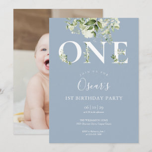 Dusty Blue Floral Greenery 1st Birthday Photo Invitation