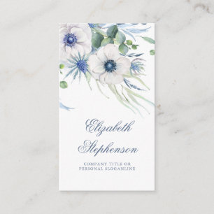 Dusty Blue Floral Greenery Anemone and Eucalyptus Business Card