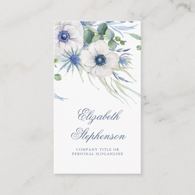 Dusty Blue Floral Greenery Anemone and Eucalyptus Business Card (Front)