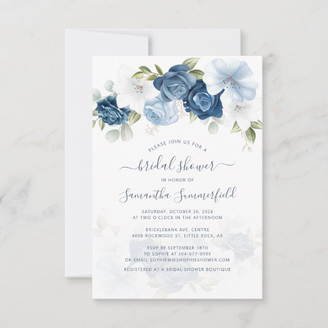 Dusty Blue Floral Greenery Botanical Bridal Shower Invitation (Front)
