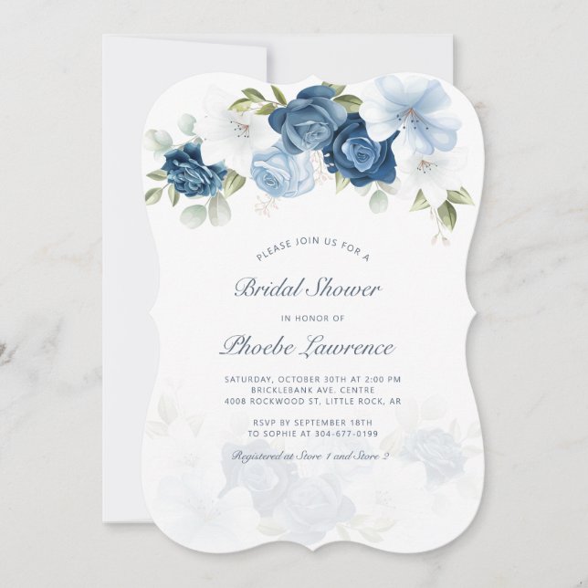 Dusty Blue Floral Greenery Botanical Bridal Shower Invitation (Front)