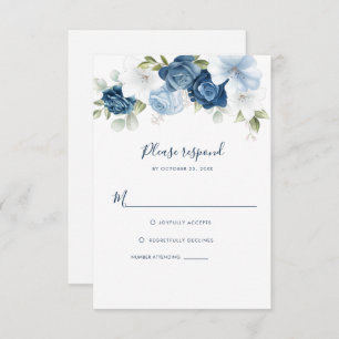 Dusty Blue Floral Greenery Botanical Script RSVP Card