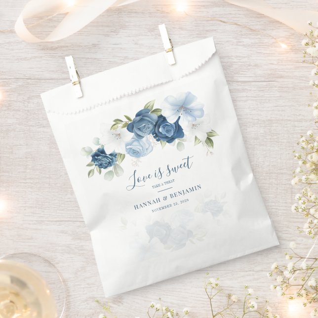 Dusty Blue Floral Greenery Botanical Wedding Favour Bags (Clipped)