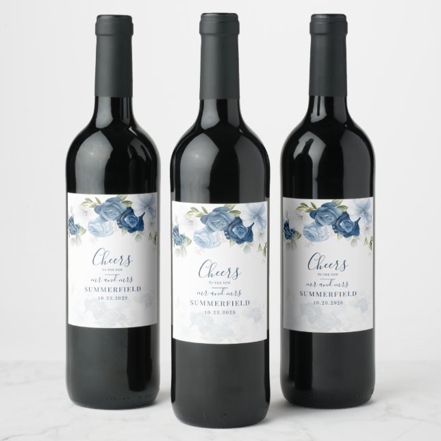 Dusty Blue Floral Greenery Botanical Wedding Wine Label (Bottles)