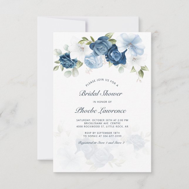 Dusty Blue Floral Greenery Bridal Shower Invitation (Front)