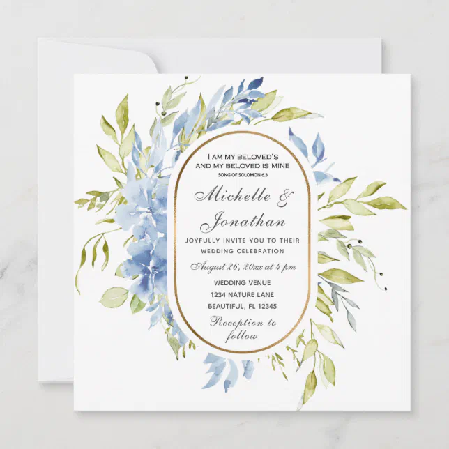 Dusty Blue Floral Greenery Christian Wedding Invitation | Zazzle