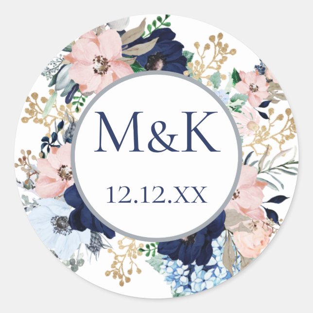 Dusty Blue Floral Greenery Classic Round Sticker (Front)