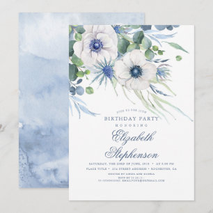 Dusty Blue Floral Greenery Elegant Birthday Invitation