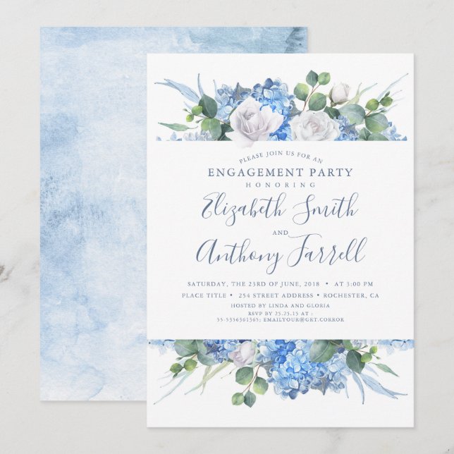 Dusty Blue Floral Greenery Engagement Party Invitation (Front/Back)