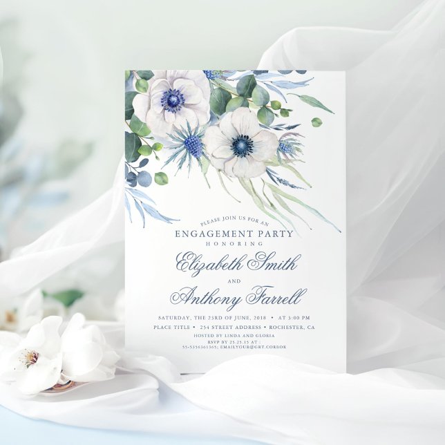 Dusty Blue Floral Greenery Engagement Party Invitation (Dusty Blue Greenery Engagement Party Invitations)