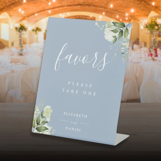 Dusty Blue Floral Greenery Favours Table Pedestal Sign (Dusty Blue Floral Greenery Favors Table Pedestal Sign)