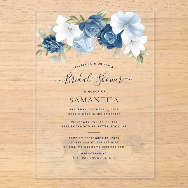 Dusty Blue Floral Greenery Foliage Bridal Shower Acrylic Invitations (Front)