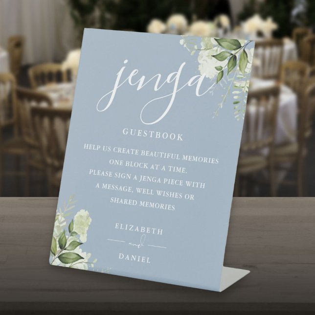 Dusty Blue Floral Greenery Jenga Wedding Guestbook Pedestal Sign (Dusty Blue Floral Greenery Jenga Wedding Guestbook Pedestal Sign)