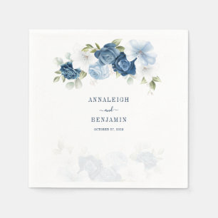 Dusty Blue Floral Greenery Leaves Wedding Cocktail Napkin