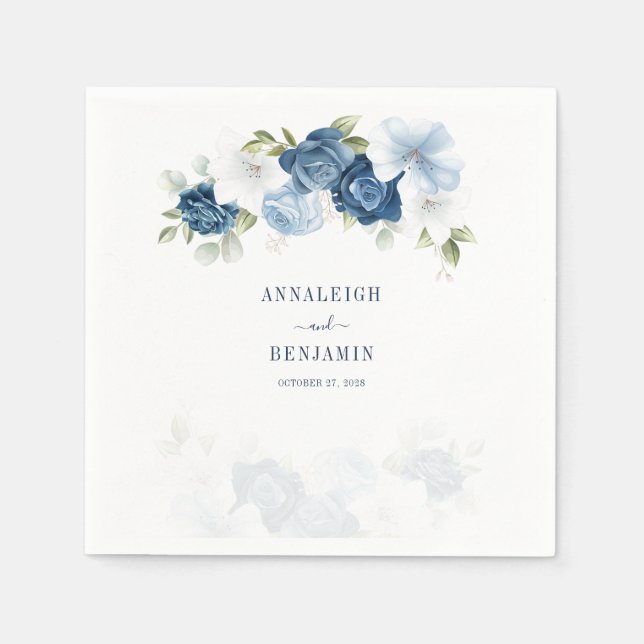 Dusty Blue Floral Greenery Leaves Wedding Cocktail Napkin (Front)