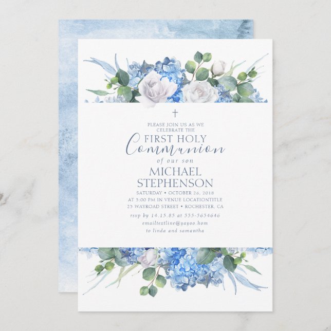 Dusty Blue Floral Greenery Modern Holy COMMUNION Invitation (Front/Back)