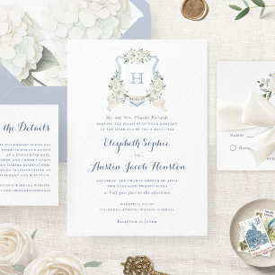 Dusty Blue Floral Greenery Monogram Crest Wedding  Invitation