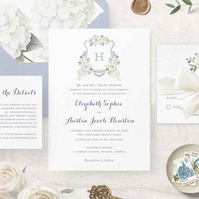 Dusty Blue Floral Greenery Monogram Crest Wedding  Invitation (Creator Uploaded)