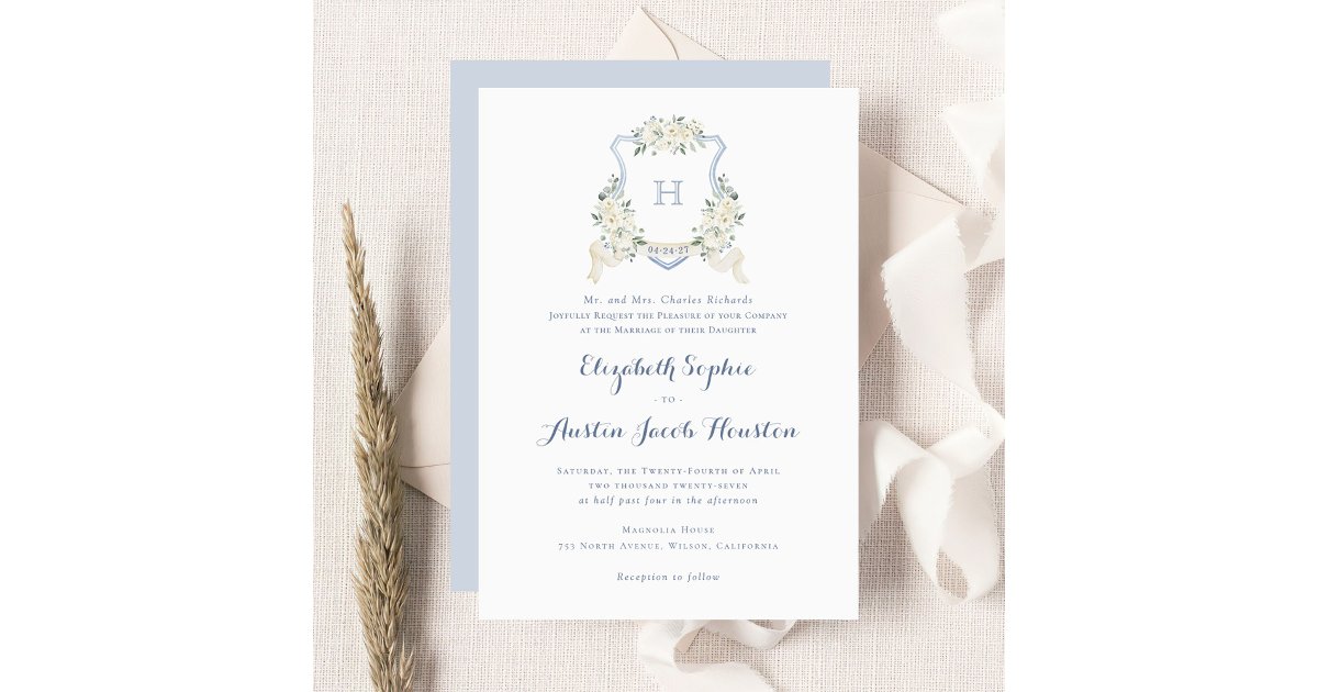 Dusty Blue Floral Greenery Monogram Crest Wedding Invitation | Zazzle