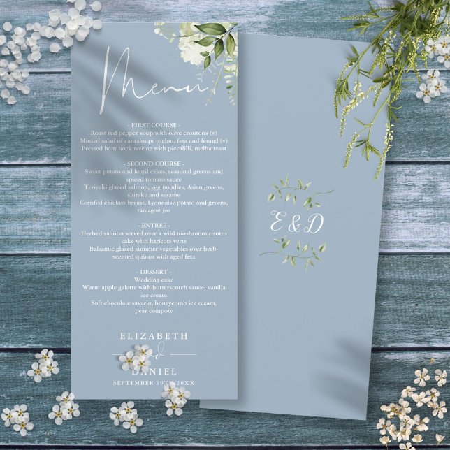 Dusty Blue Floral Greenery Monogram Wedding Dinner Menu (Dusty Blue Floral Greenery Monogram Wedding Dinner Menu)