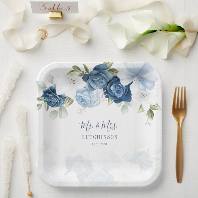 Dusty Blue Floral Greenery Mr and Mrs Wedding Paper Plate (Wedding)
