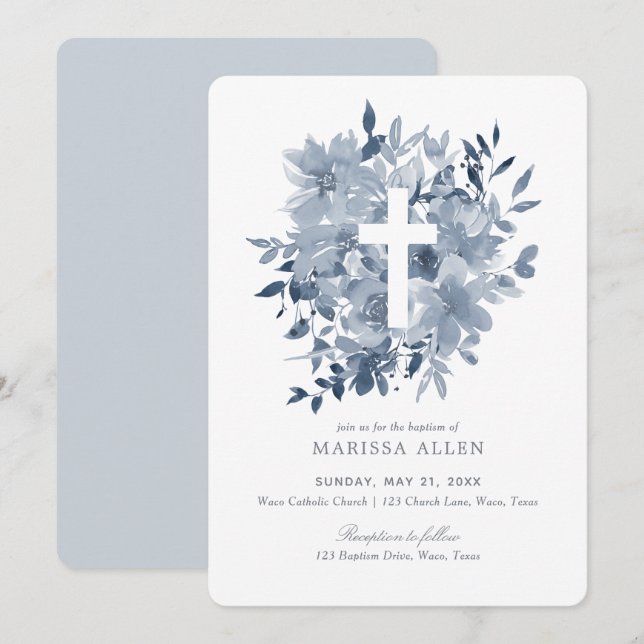 Dusty Blue Floral Greenery Neutral Baptism Invitation (Front/Back)