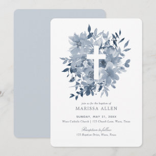 Dusty Blue Floral Greenery Neutral Baptism Invitation