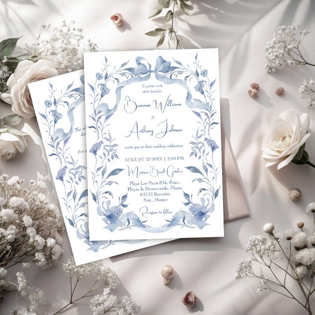 Dusty blue floral greenery ribbon elegant wedding invitation (Dusty blue floral greenery ribbon elegant wedding invitation cards with RSVP)
