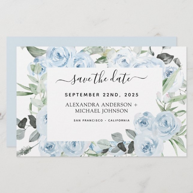 Dusty Blue Floral Greenery Save the Date  Invitati (Front/Back)