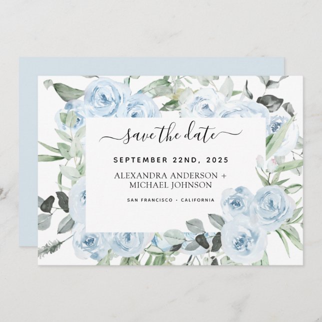 Dusty Blue Floral Greenery Save the Date  Invitation (Front/Back)