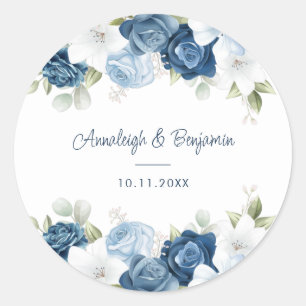 Dusty Blue Floral Greenery Script Wedding Classic Round Sticker