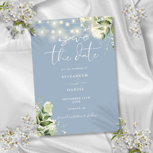 Dusty Blue Floral Greenery String Lights Wedding Save The Date