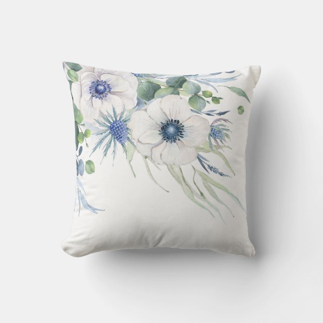 Dusty Blue Floral Greenery Watercolor Elegant Cushion (Front)