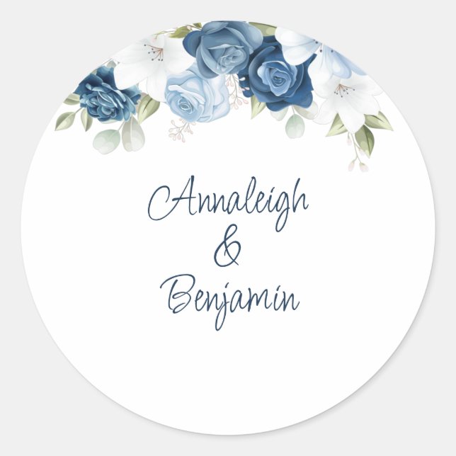 Dusty Blue Floral Greenery Wedding Custom Classic Round Sticker (Front)