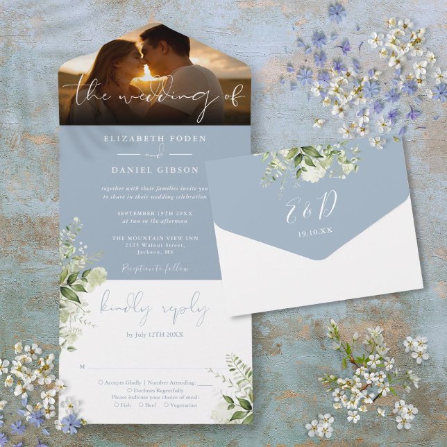 Dusty Blue Floral Greenery Wedding Photo All In One Invitation (Dusty Blue Floral Greenery Wedding Photo All In One Invitation)
