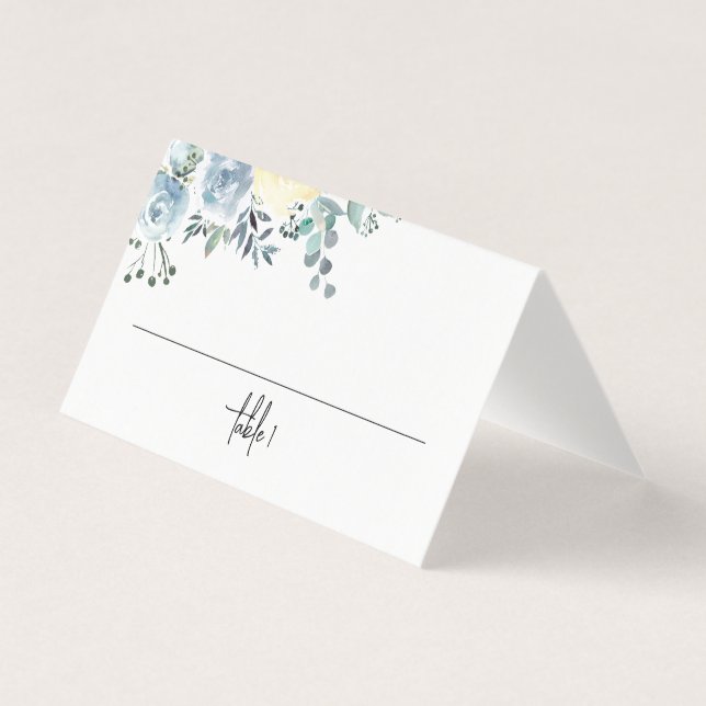Dusty Blue Floral Greenery Wedding Place Card (Front)