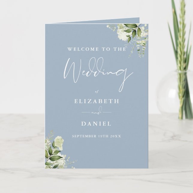 Dusty Blue Floral Greenery Wedding  Programme (Front)