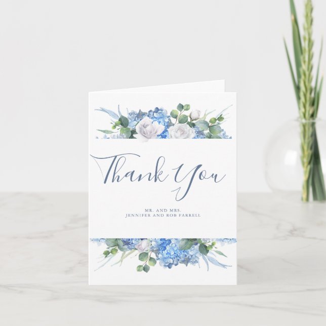 Dusty Blue Floral Greenery Wedding Thank You (Front)