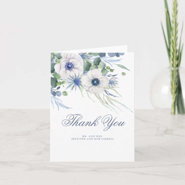 Dusty Blue Floral Greenery Wedding Thank You (Front)