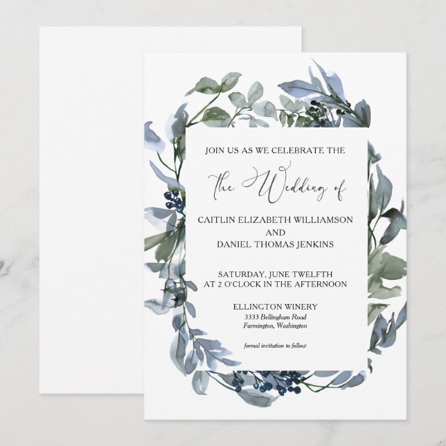 Dusty Blue Floral Greenery Wreath Wedding  Invitation (Front/Back)