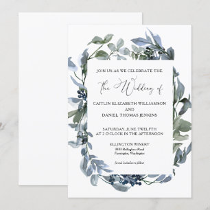 Dusty Blue Floral Greenery Wreath Wedding  Invitation