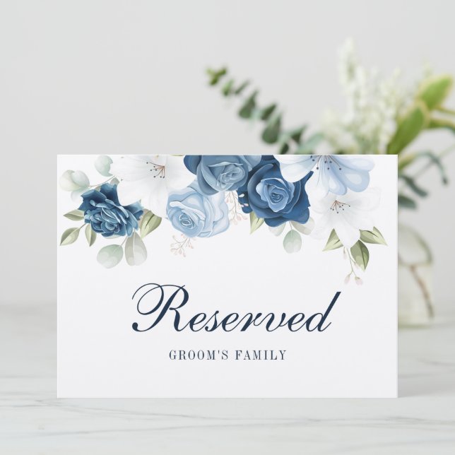 Dusty Blue Floral Groom's Family Reserved Sign Invitation (Standing Front)