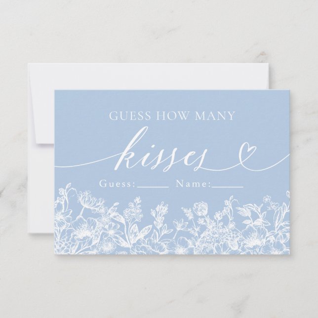 Dusty Blue Floral Guess How Many Kisses Game Invitation (Front)