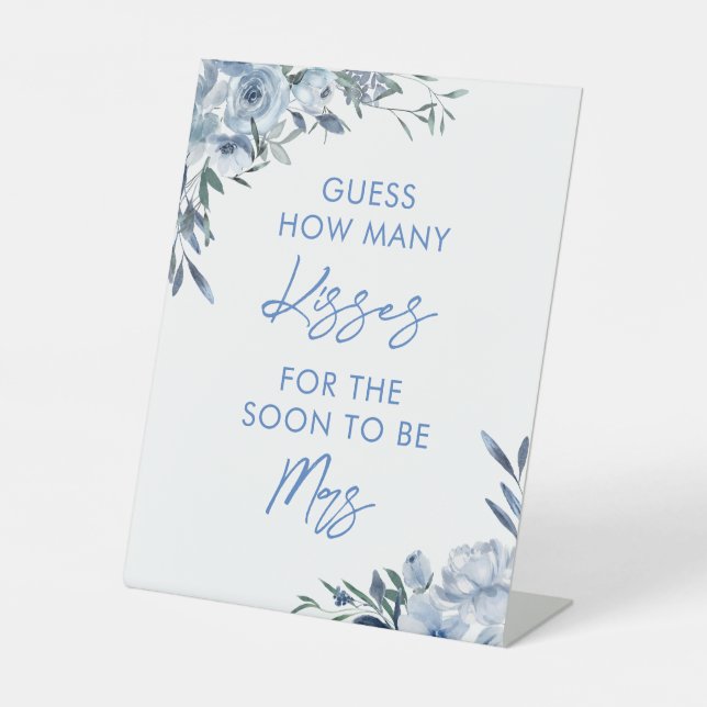 Dusty Blue Floral Guess How Many Kisses Game Pedestal Sign (Front)