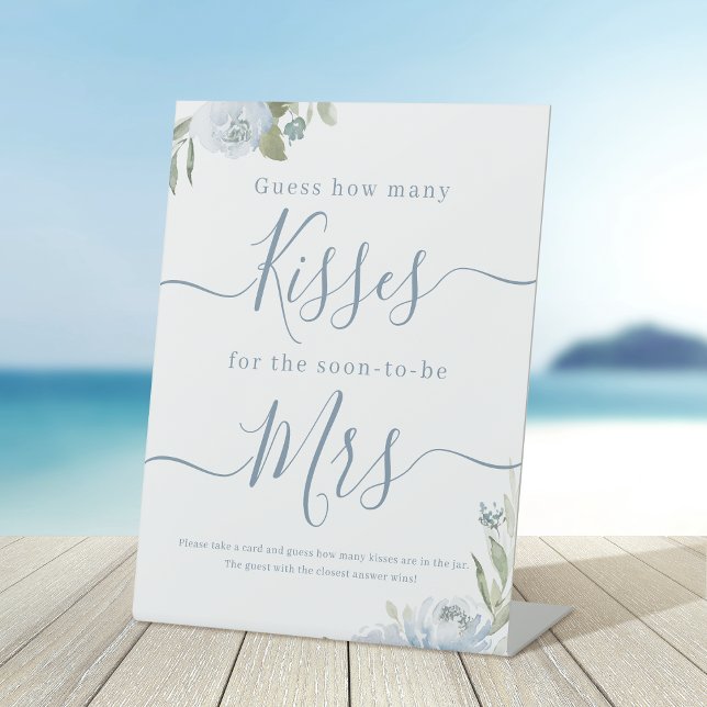 Dusty blue floral guess how many kisses game sign (Dusty blue floral share a memory bridal shower pedestal sign)