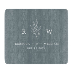 Dusty Blue Floral Handwritten Script Newlywed Cutting Board