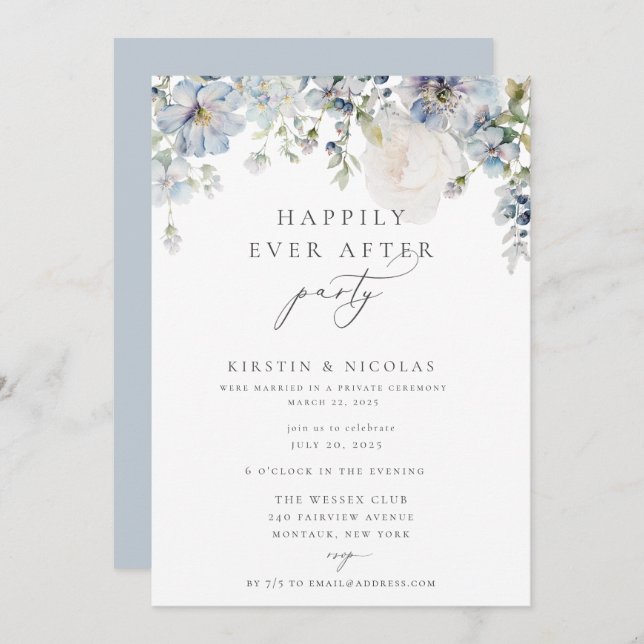 Dusty Blue Floral Happily Ever After Party Invitation (Front/Back)