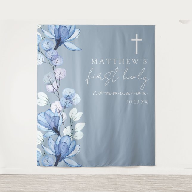 Dusty Blue Floral Holy Communion Photo Backdrop Tapestry (Front)